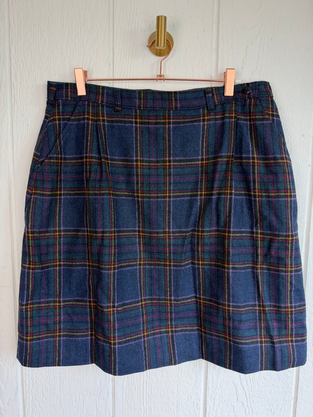 Vintage Woolrich Plaid Wool Skirt Size 18 Navy Green Tartan Pleated Preppy